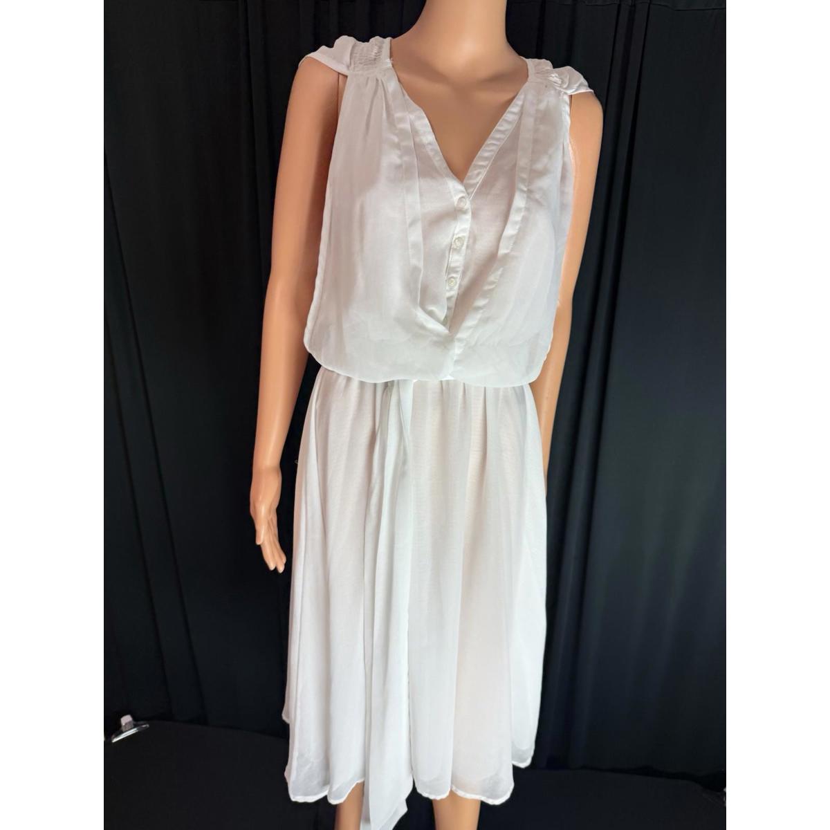 Miilla White Sleeveless Sheer Mid Dress With V-Neck And Cinched Waist Size Med